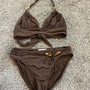 Robin Piccone Brown Halter Bikini Set with Wood Accents